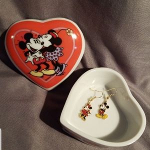 Mickey & Minnie Porcelain Musical Keepsake Box with French Hook Enamel Earrings